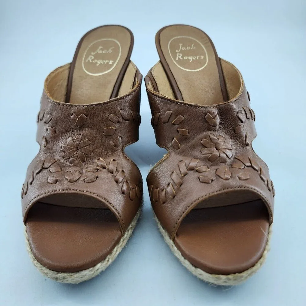 Jack Rogers Women's Sophia Wooden Brown Woven‎ Slip On Wedge Sandals Size 6.5M